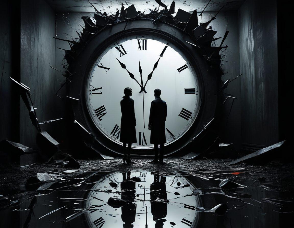 A surreal, ominous landscape merging twisted psychological horror elements like shattered mirrors and shadowy figures, with avant-garde artistic touches such as abstract, melting clocks and fragmented, bright color splashes. The mood should evoke unease and fascination, blending dark, eerie tones with unexpected bursts of creativity. hyper-realistic. chiaroscuro effect. surreal art. dramatic lighting.