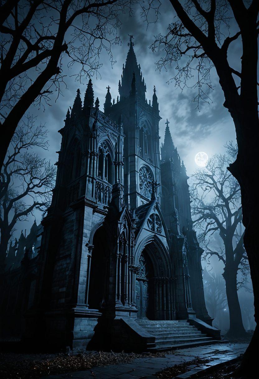 A moonlit, eerie Gothic cathedral with towering spires, engulfed by twisted, ancient trees and creeping mist. Gargoyles ominously guard the entrance, casting haunting shadows, as ghostly figures and grotesque faces peer out from dark corners. A sense of foreboding timelessness permeates the scene. dark and brooding. surreal and detailed. muted, monochromatic colors.