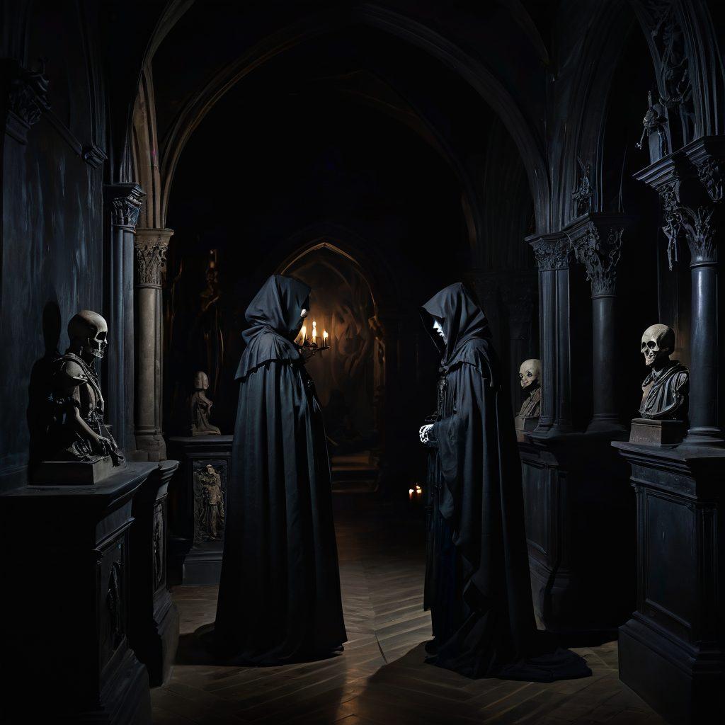 A dark and eerie gallery with gothic arches, dim candlelight casting shadows on tortured sculptures and macabre paintings, a mysterious figure in a cloak observing the art, and modern art pieces with a gothic twist. Surreal and haunting atmosphere. gothic art style. dramatic lighting. dark color palette.